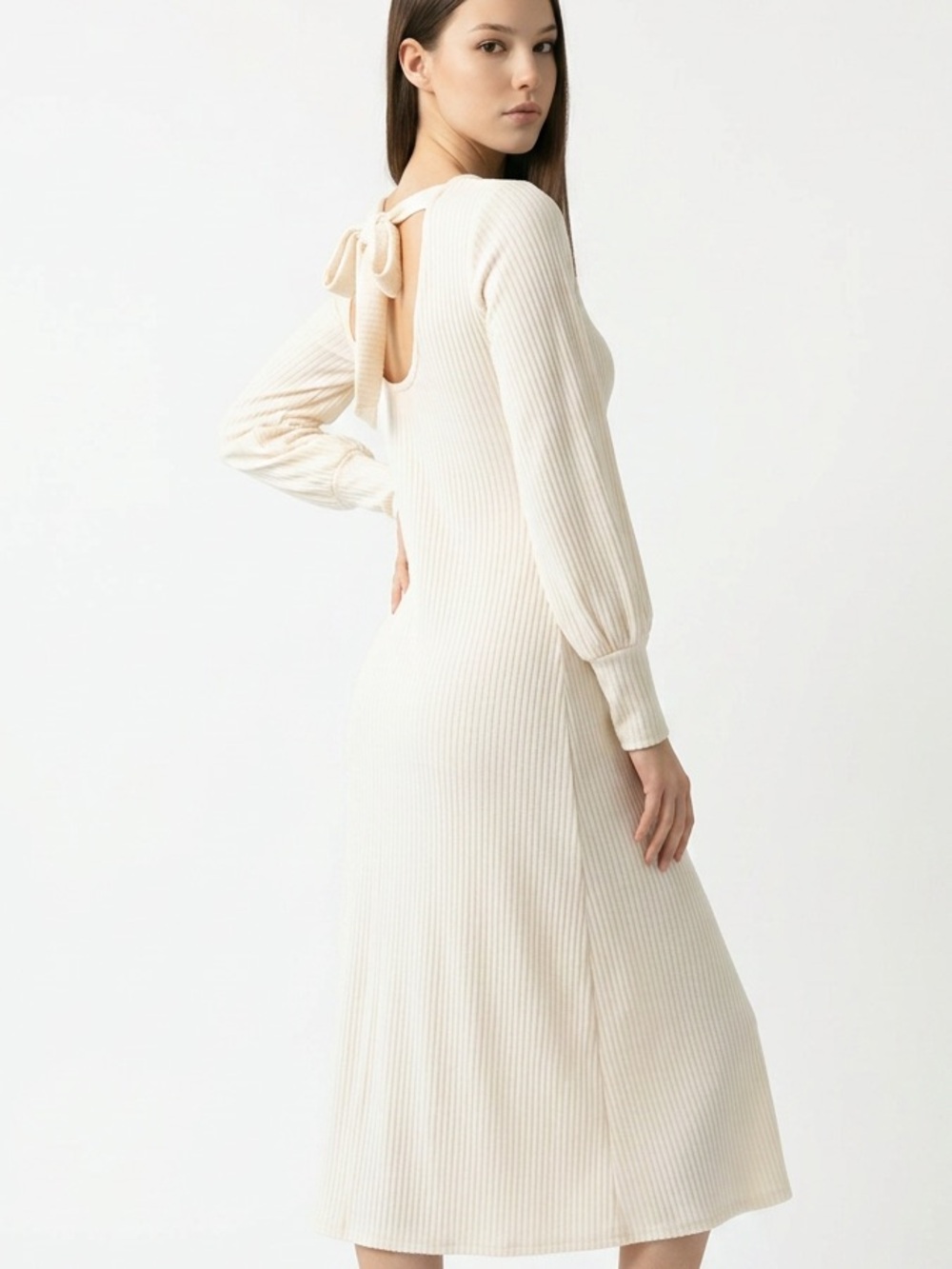 ASOS Cream Ribbed Tie-Back Long Sleeve Midi Dress sz 12